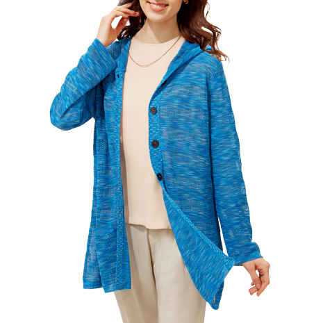 ＜ジュンヌ・ド・ブルー＞絣糸のフード付カーディガン