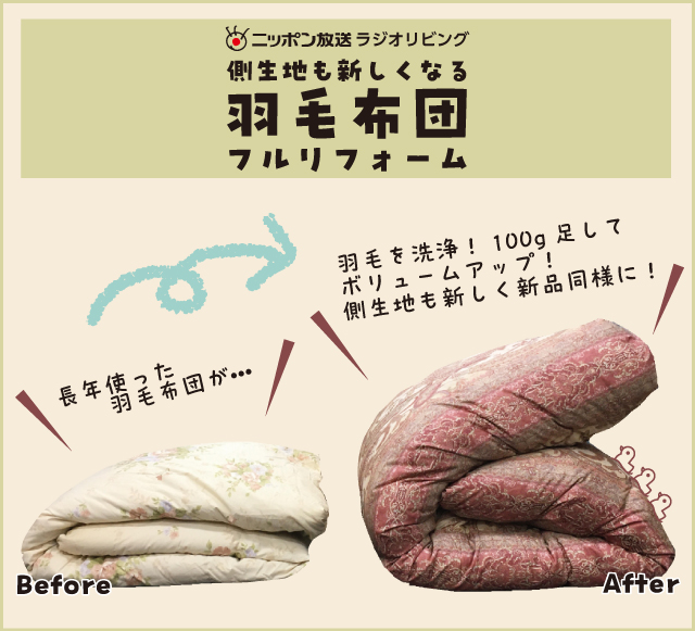 側生地も新しくなる 羽毛布団フルリフォーム